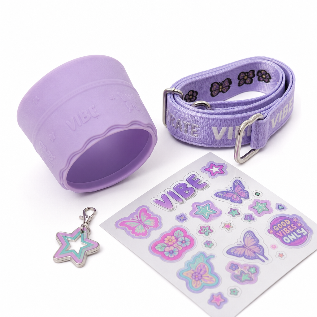 VibeFlask accessories: strap, silicone boot, charms and sticker sheet