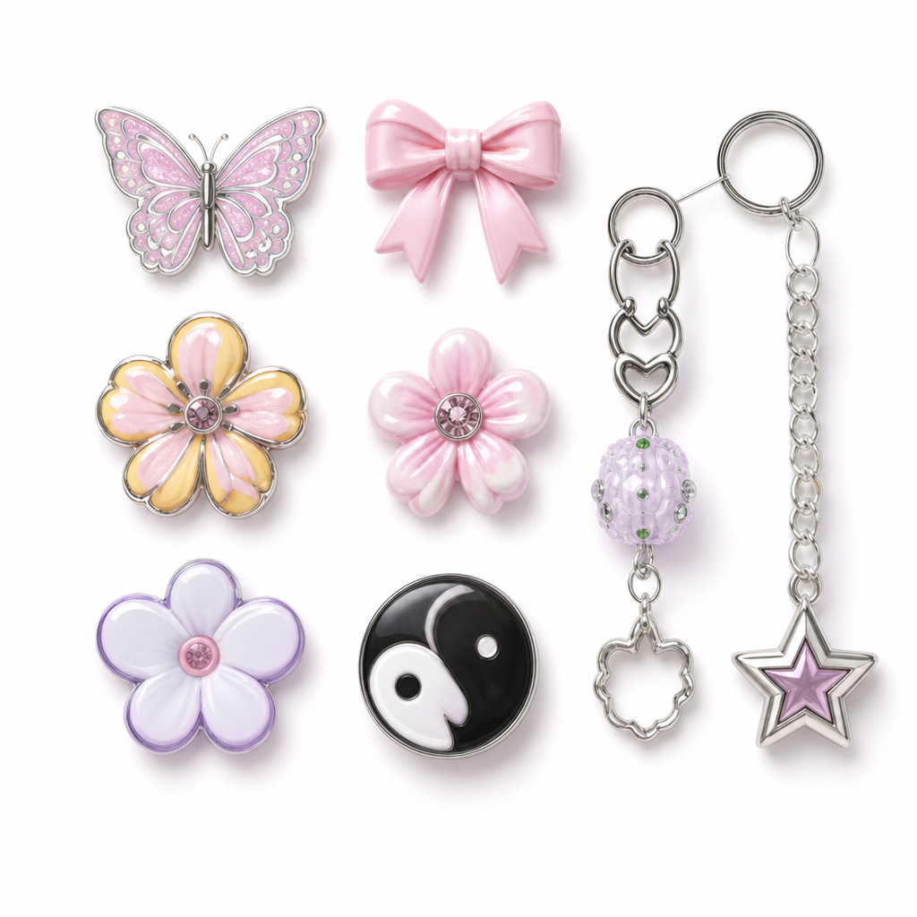 Flat-lay grid of Y2K bottle charms