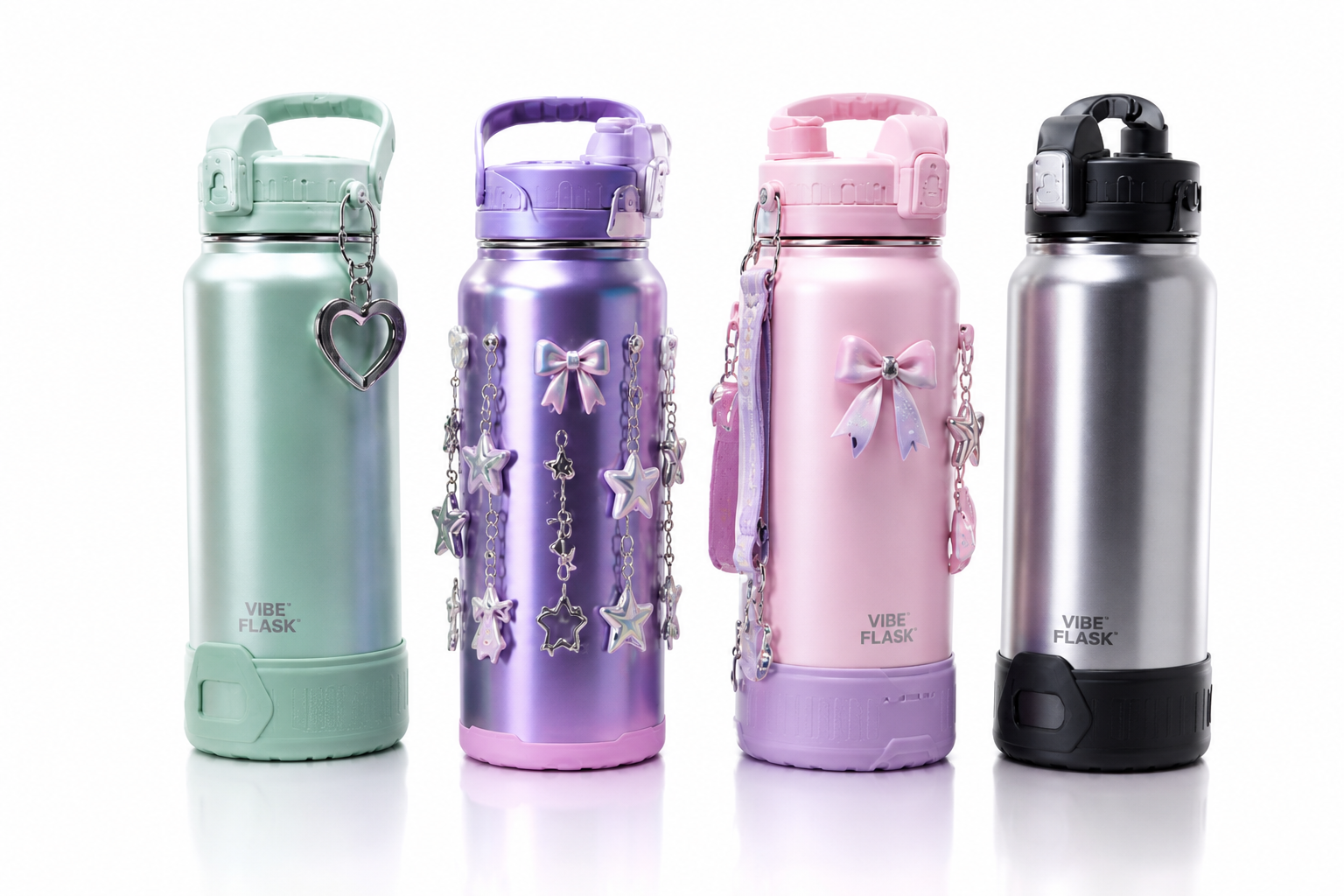 Four glossy VibeFlask bottles in mint, lavender chrome, baby pink and silver with charms
